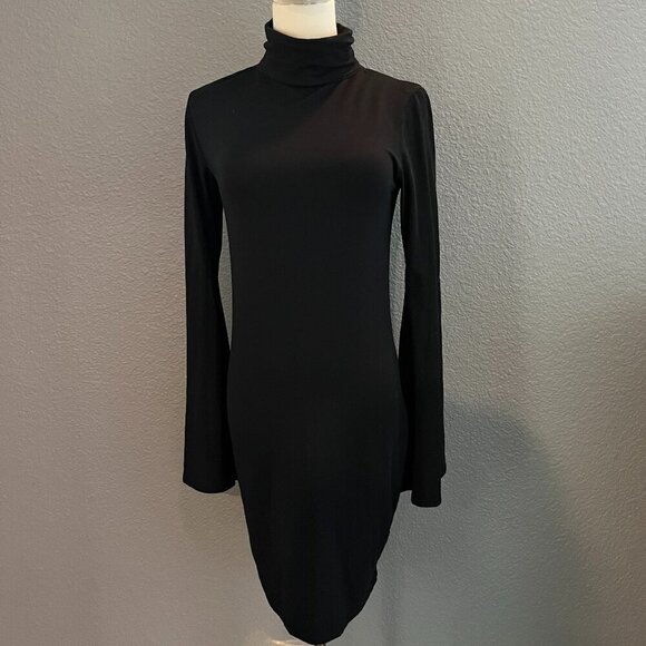BOBI Los Angeles LBD - Witchy Trumpet Sleeves Turtleneck Black Knit Mini Dress S - Picture 1 of 10